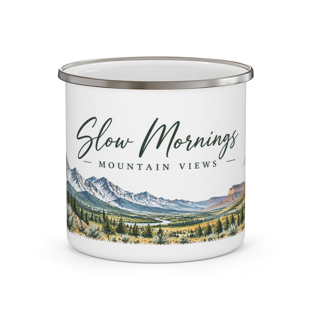 Slow Mornings • Mountain Views — Western Slope Colorado Inspired Enamel Camping Mug