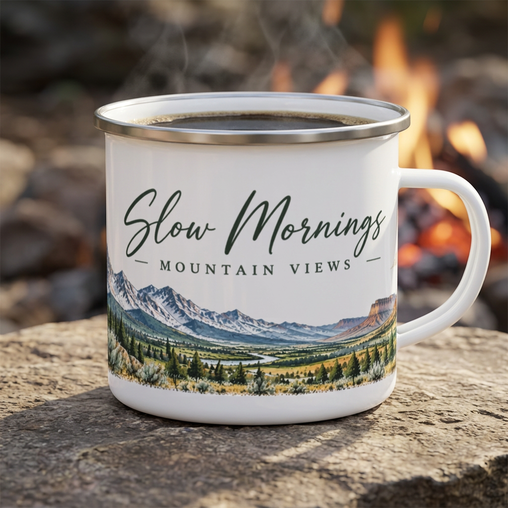Slow Mornings • Mountain Views — Western Slope Colorado Inspired Enamel Camping Mug